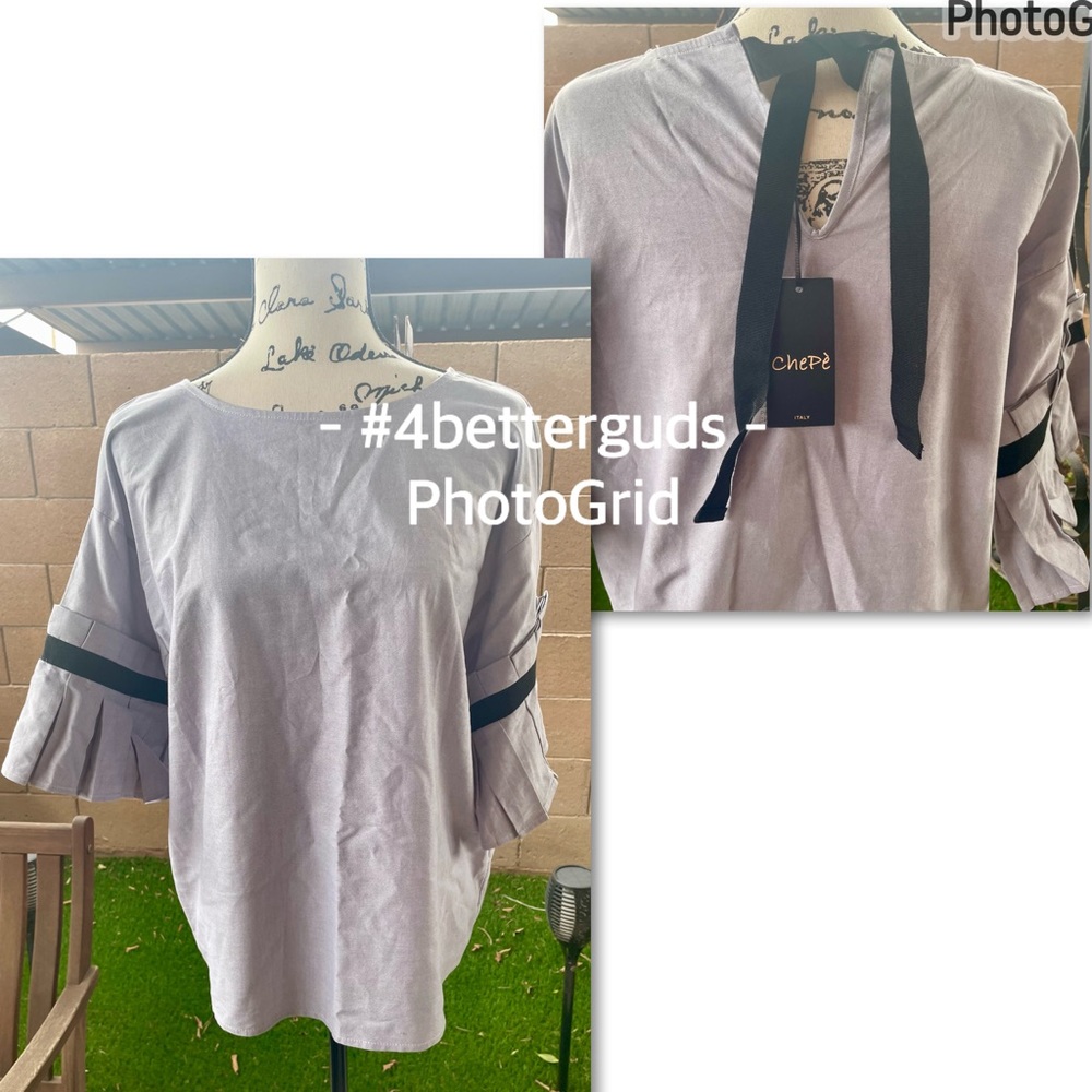 NEW Chepe Italy Pleated Ruffle Wide 3/4 Length Sleeve Ribbon Tie Neck Blouse LG